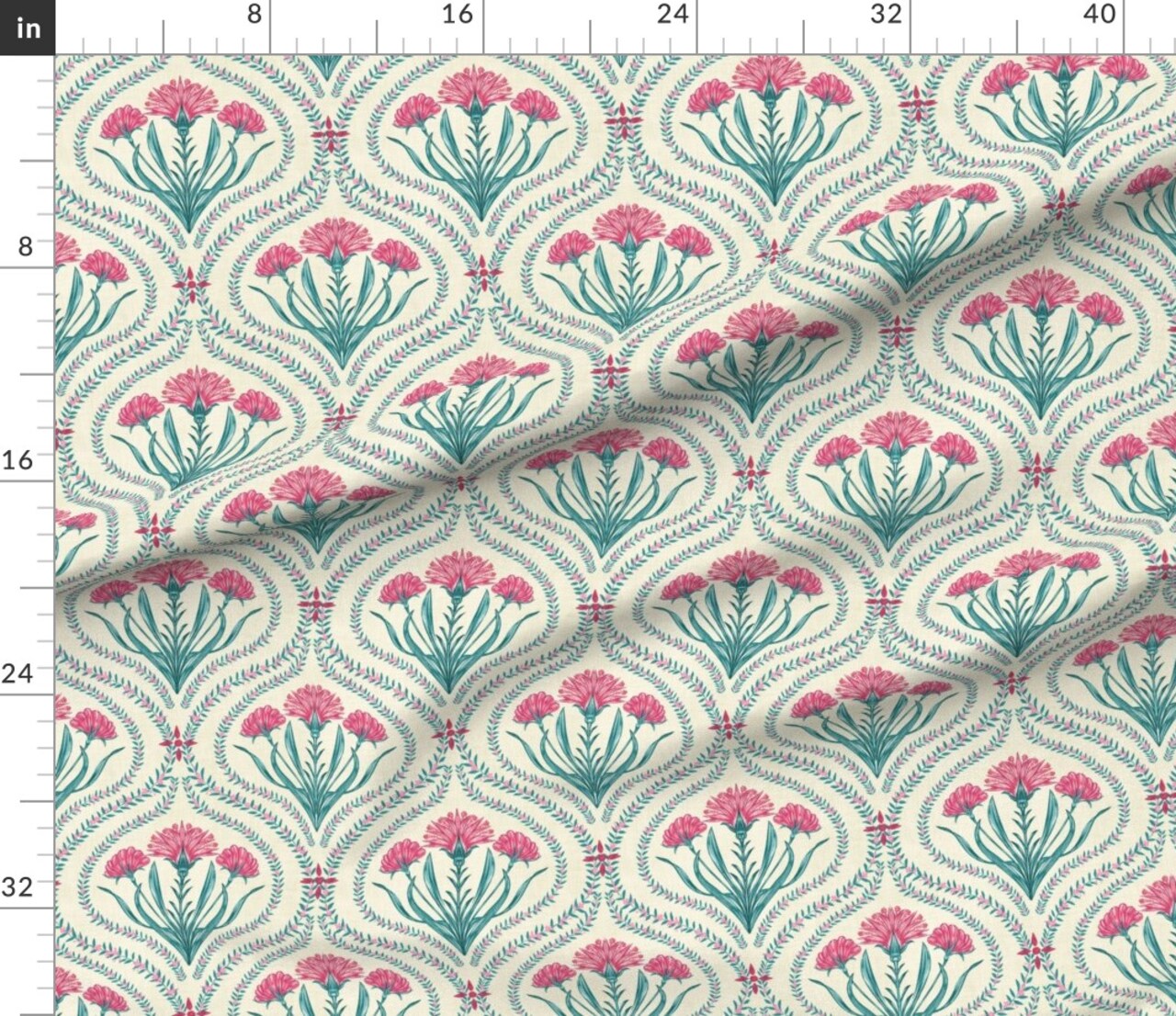 Floral Ogee Indian Chintz Green Pink Xl Large Scale Damask Vibrant Classic Custom Printed Fabric by Spoonflower Various Fabrics by the Yard or Fat Quarter